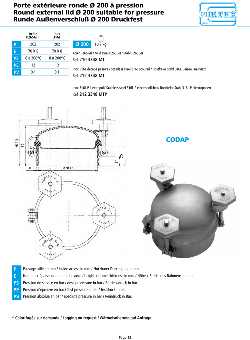 page 13 Porte exterieure ronde O 200 a pression
